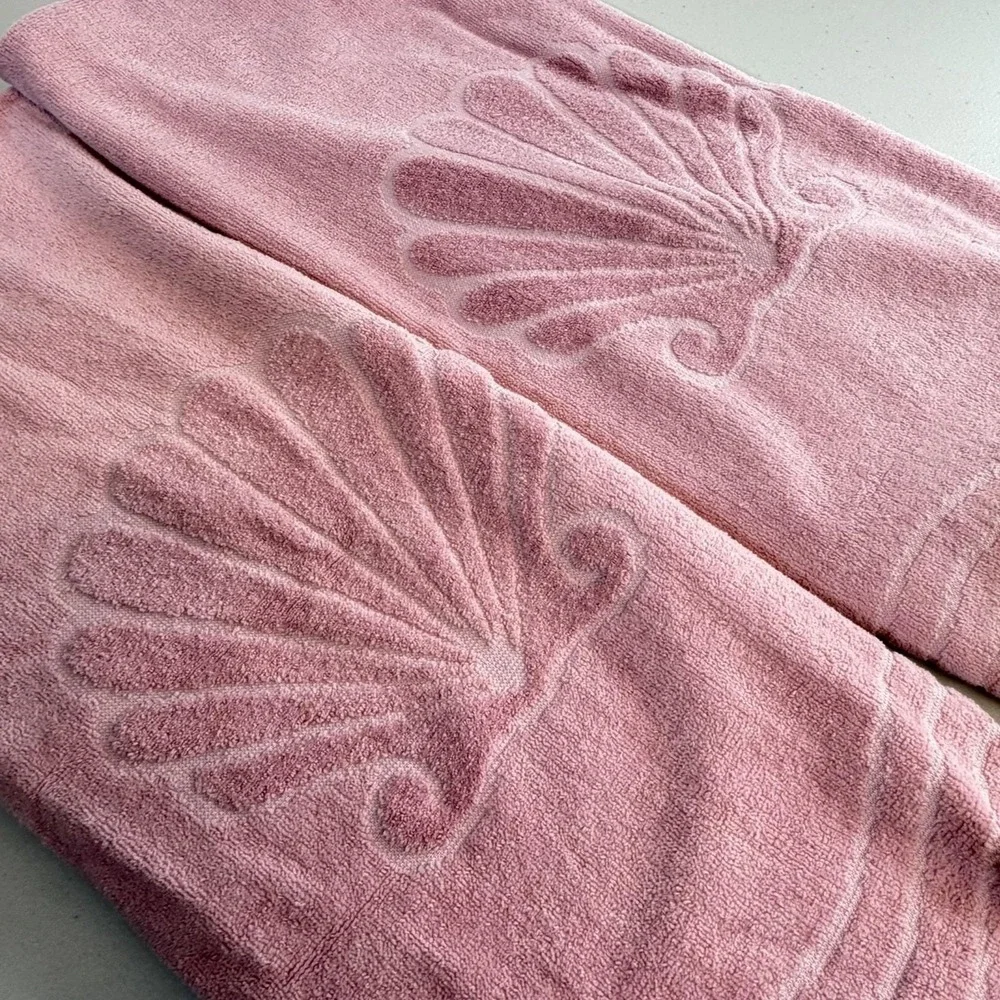 Vintage Cannon Large Bath Towel Pink Set 2 Sculpted Sea Shell Beach Canon VGUC